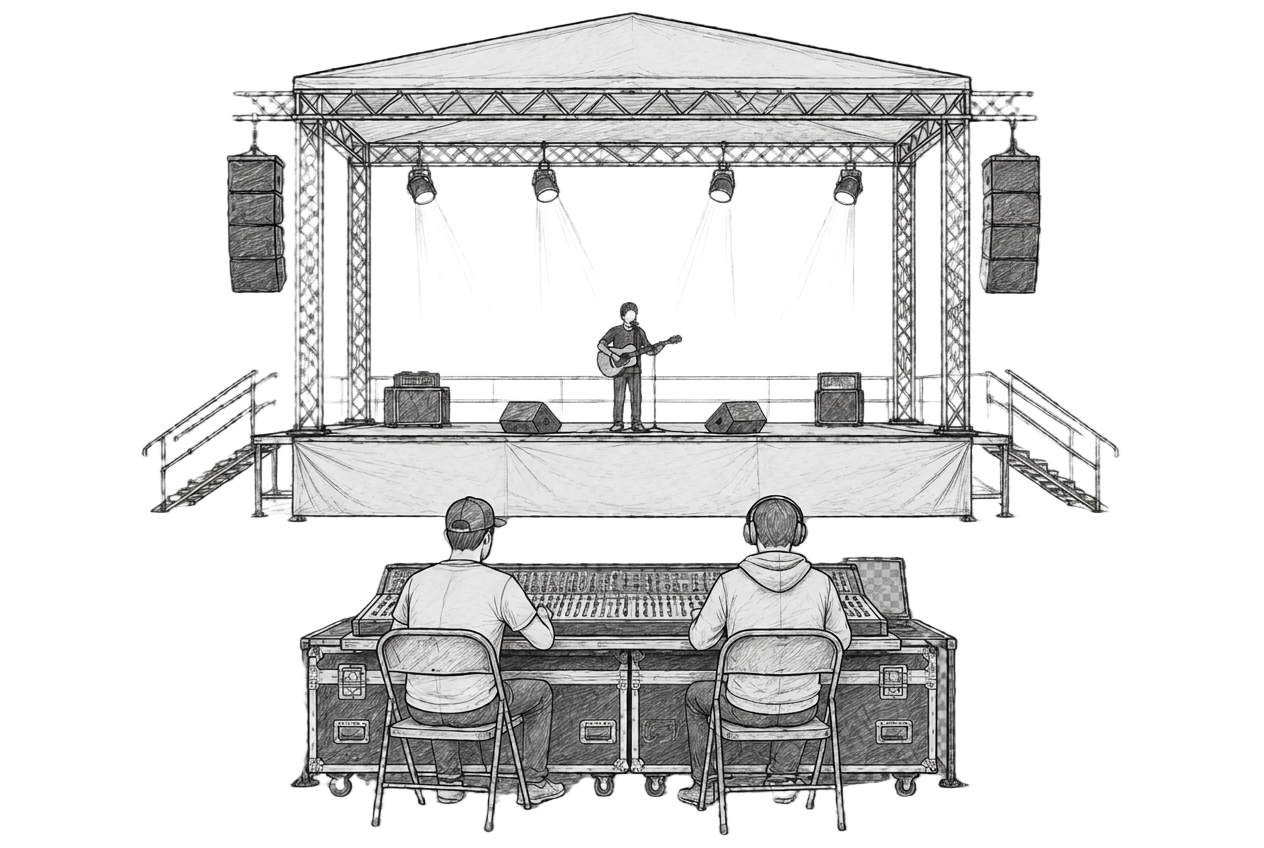 Hand-drawn sketch of a stage with performers and a sound-control desk