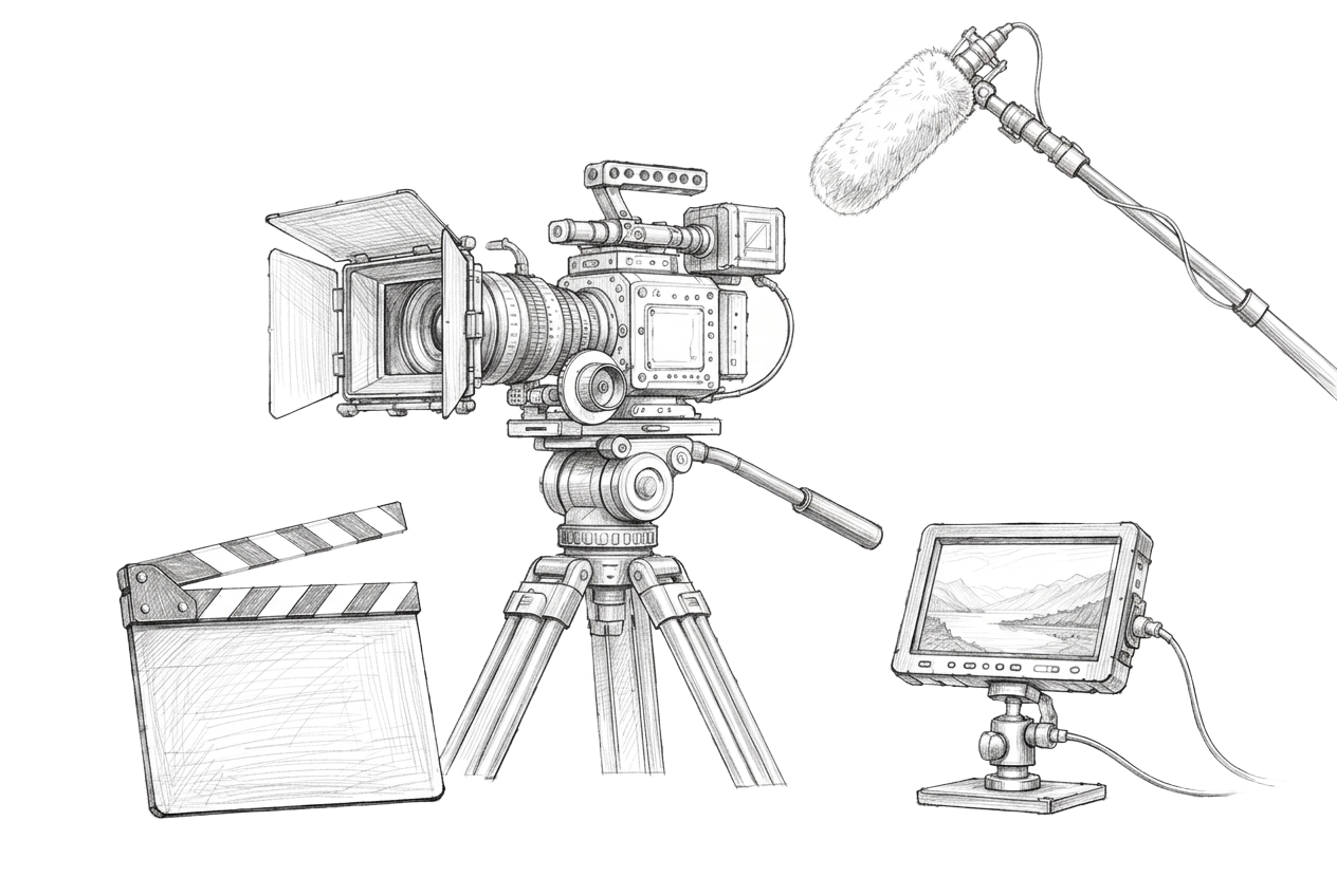 Hand-drawn sketch of a cinema camera rig, clapperboard and field monitor