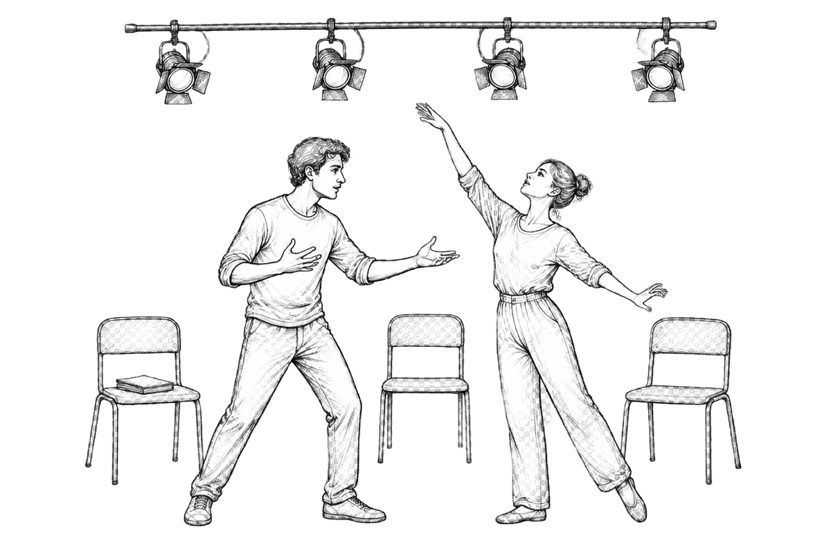 Hand-drawn sketch of two actors rehearsing under stage lights