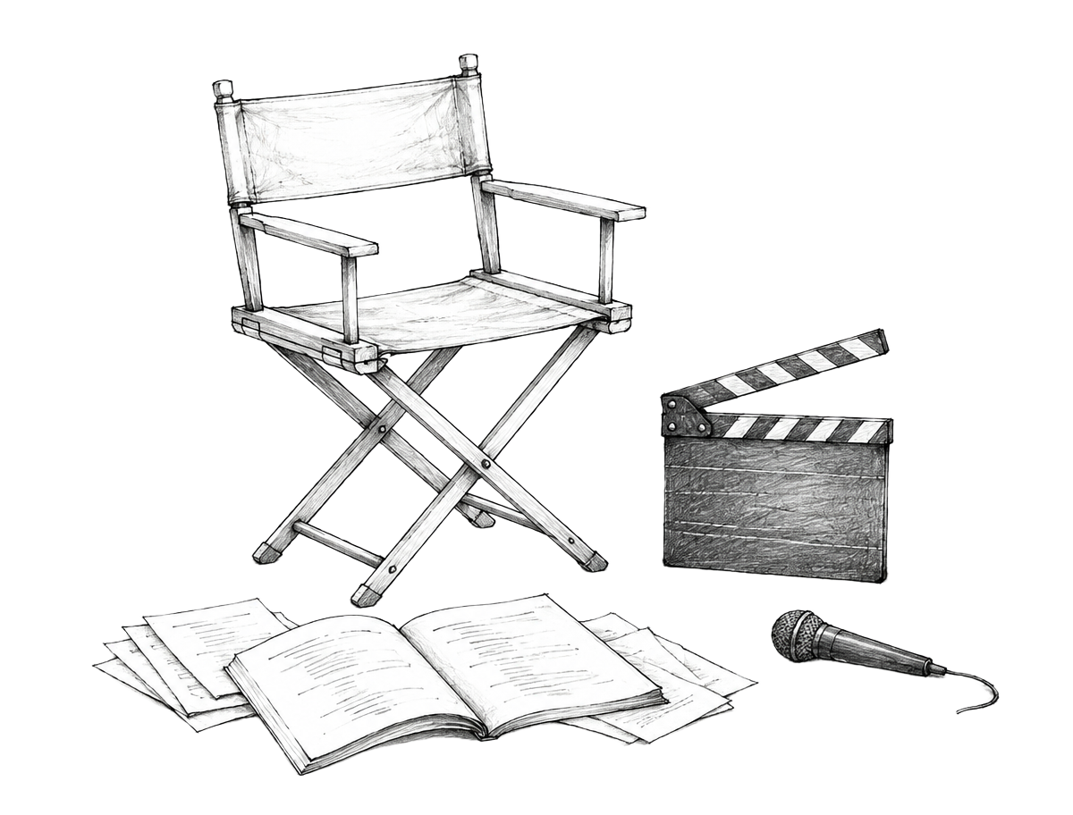 Hand-drawn director's chair, clapperboard, script and microphone